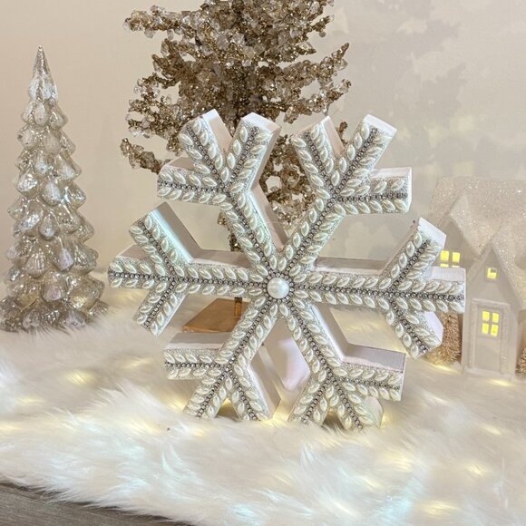 Winter Holiday Beaded Pearl Wood Rhinestone Christmas Snowflake Shabby Chic - Picture 2 of 6
